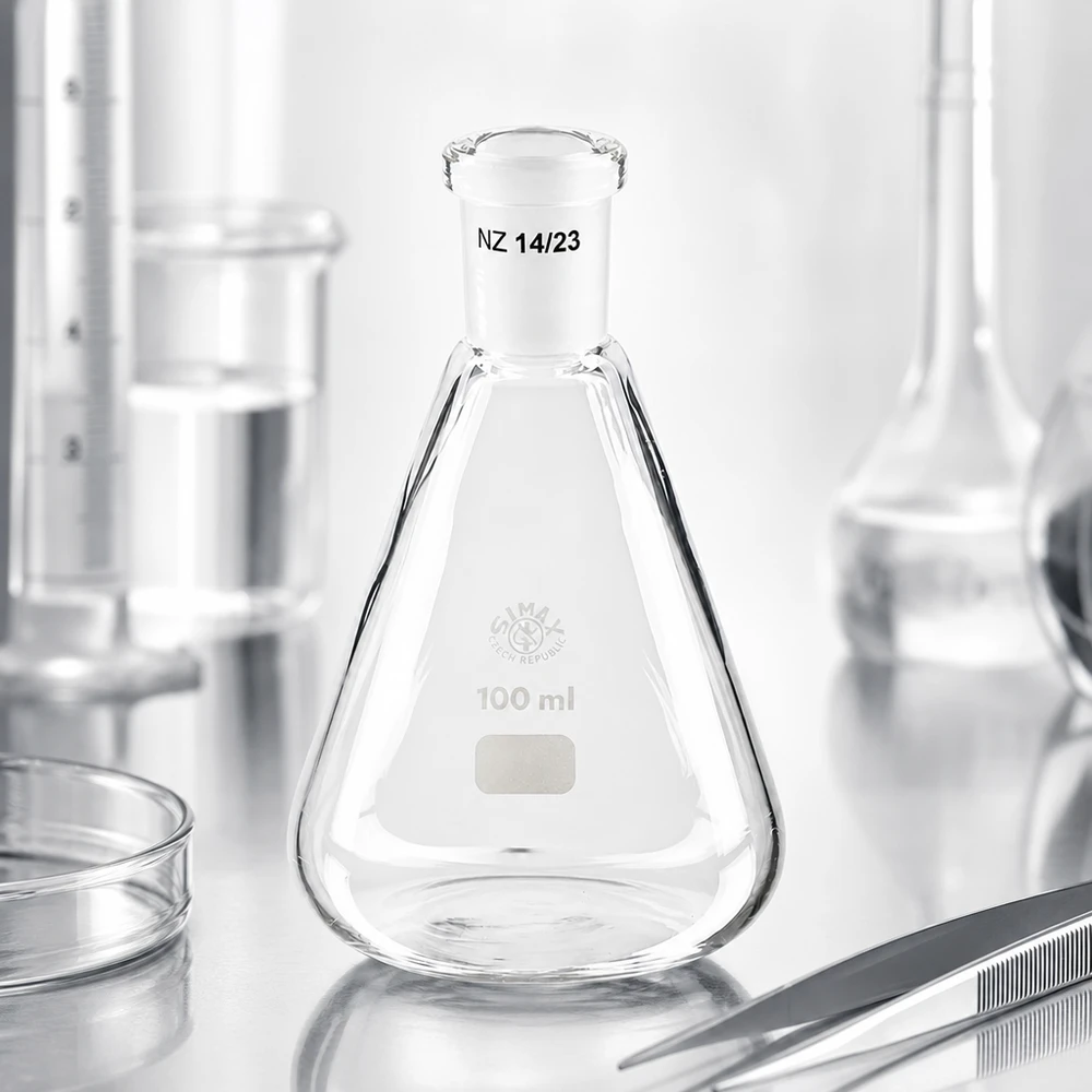 Erlenmeyer 100 ml col étroit, verre borosilicate avec rodage normalisé 14/23 Erlenmeyer 100 ml col étroit, verre borosilicate avec rodage normalisé 14/23