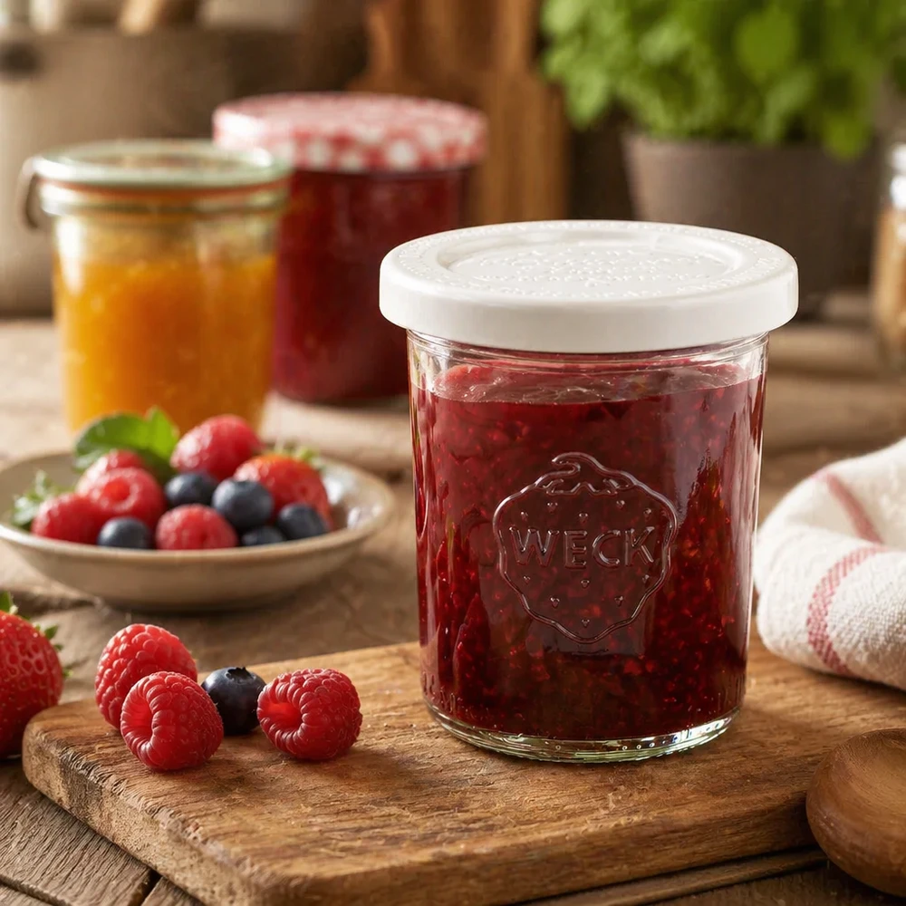 Bocal en verre de 160 ml avec couvercle hermétique WECK RR60 WECK Pot renversé 160ml RR60 rempli de confiture de baies rouges sur une planche en bois à côté de framboises et de myrtilles fraîches
