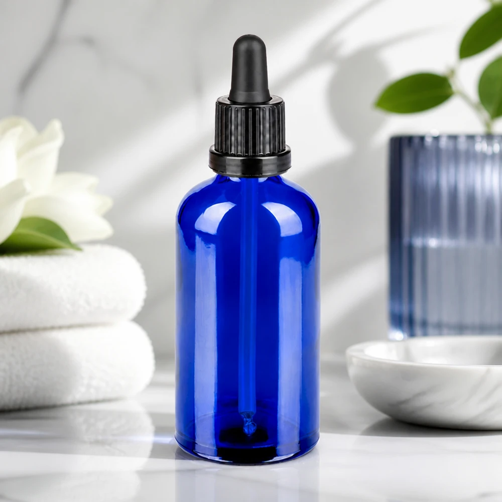 Flacon à pipette 100ml noir OV BlueLine UT18/100 Flacon en verre polyvalent avec pipette 100ml en bleu pour la cosmétique, la pharmacie et la médecine naturelle
