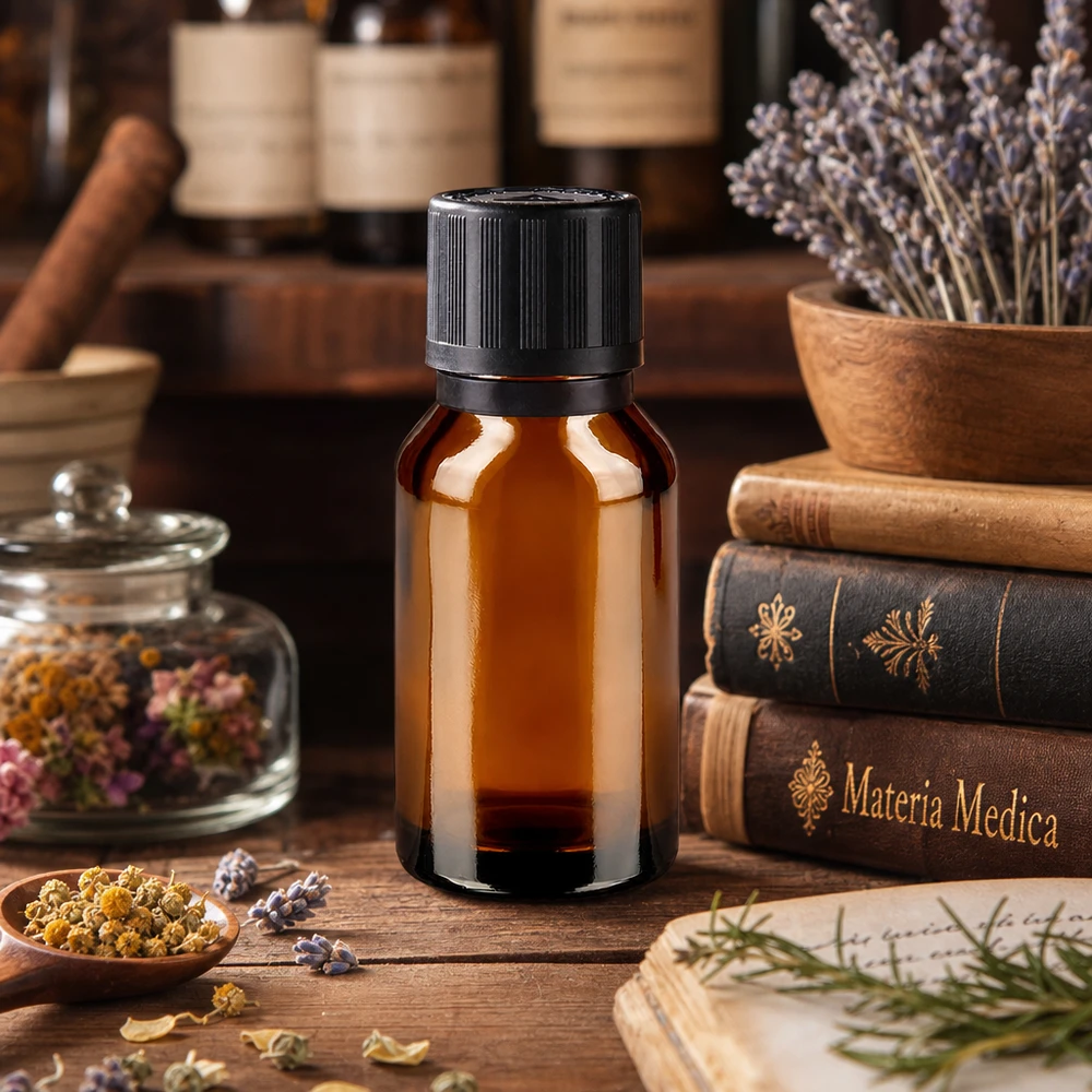 Flacon compte-gouttes de 15 ml en verre d'apothicaire brun, muni d'un bouchon KiSi, contenant des herbes médicinales séchées