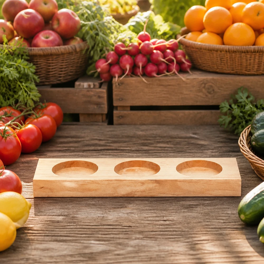 Plateau de service Plano3 pour 3 bocaux WECK Planche de service Plano3 en bois entre des fruits et légumes frais sur une table en bois rustique dans le style marché fermier