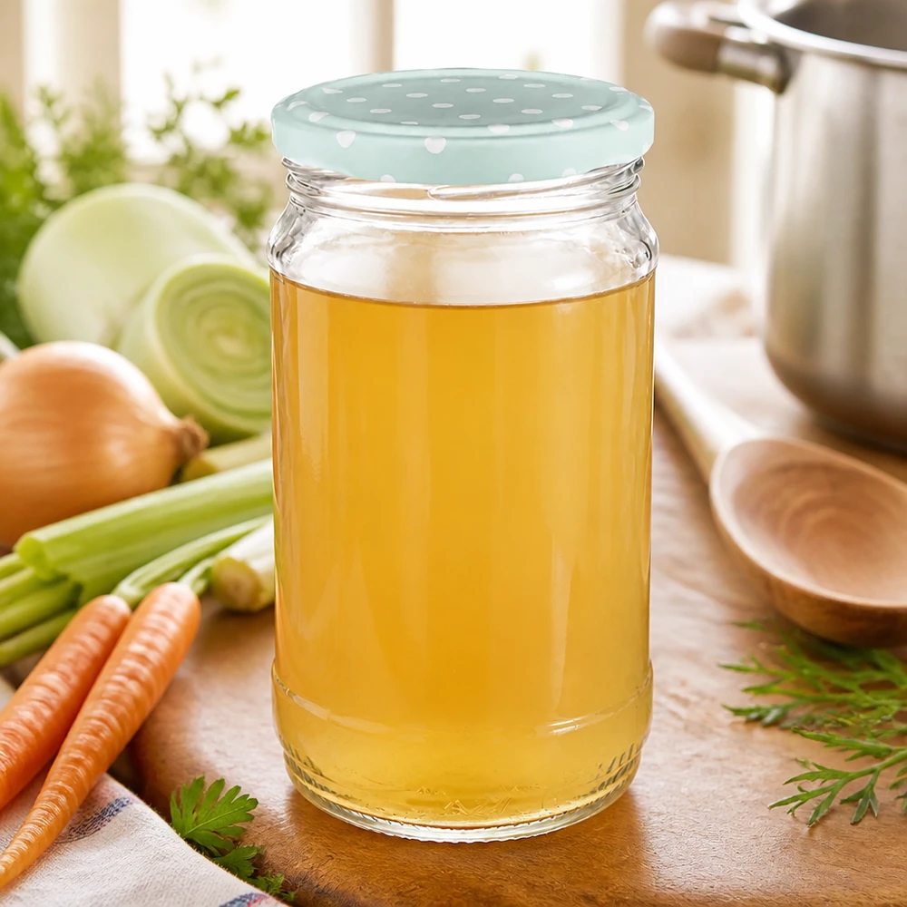 Bocal rond en verre de 370 ml + BasicSeal à pois menthe mat UNiTWIST Bocal rond UNiTWIST de 370 ml rempli de bouillon, avec un couvercle BasicSeal vert menthe à pois, à côté des légumes