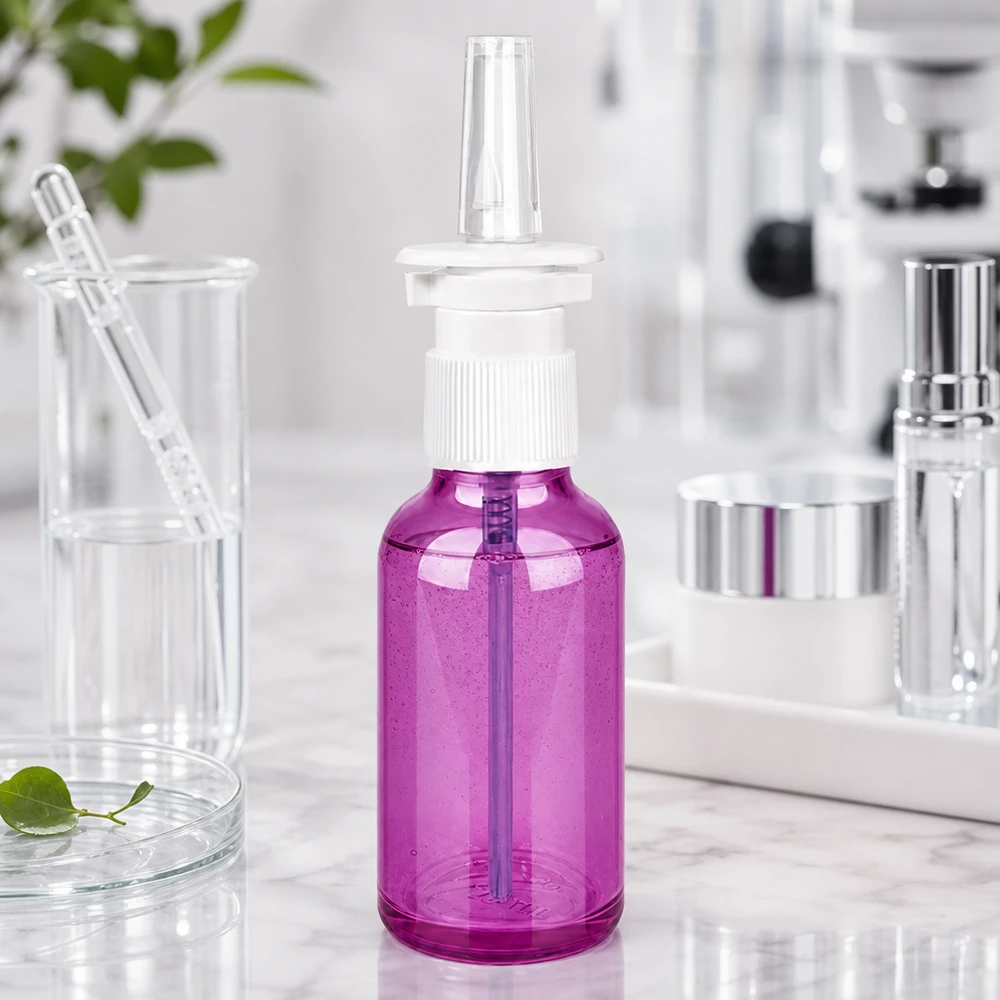 Bouteille de spray nasal médical d'une contenance de 30 ml au design pourpre hygiénique avec filetage standard