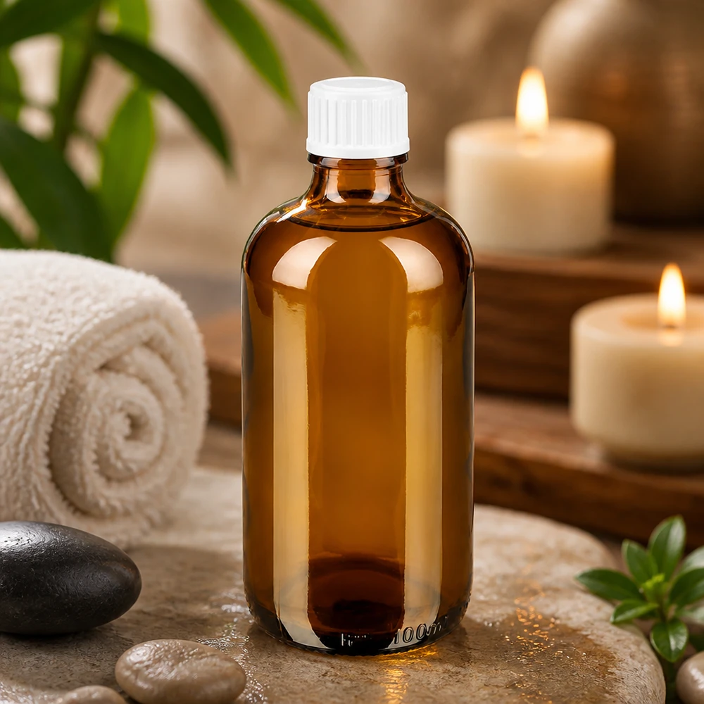 Bouteille en verre brun de 100 ml avec un bouchon blanc, à côté de pierres de massage et de bougies