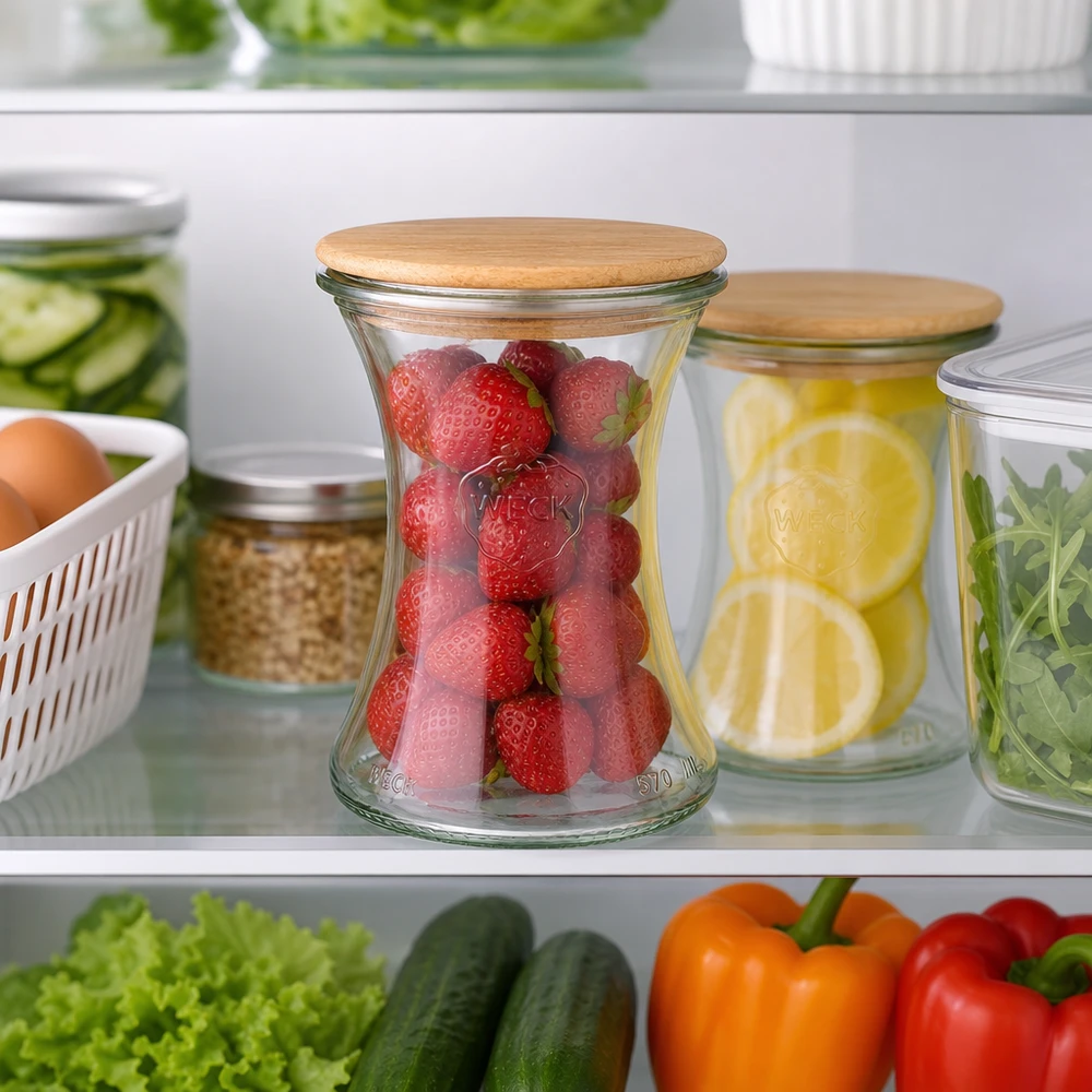 WECK Pot à délicatesse 370ml RR80 avec couvercle en bois dans le réfrigérateur pour conserver la fraîcheur des fraises et des citrons