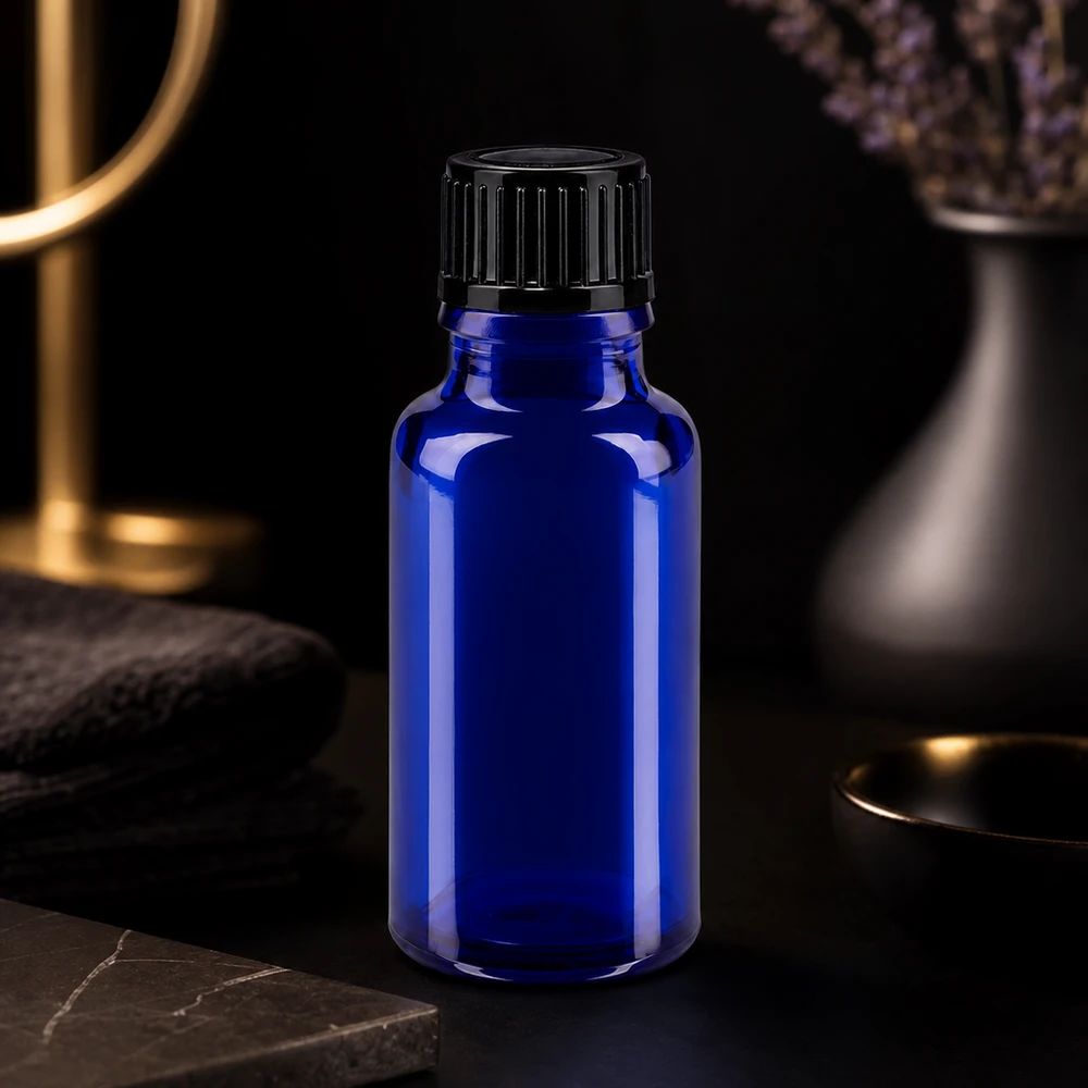 Flacon à pharmacie bleu 20ml bouchon à vis noir standard Flacon médical en verre bleu de 20 ml avec bouchon de sécurité enfant de 11 mm pour la pharmacie