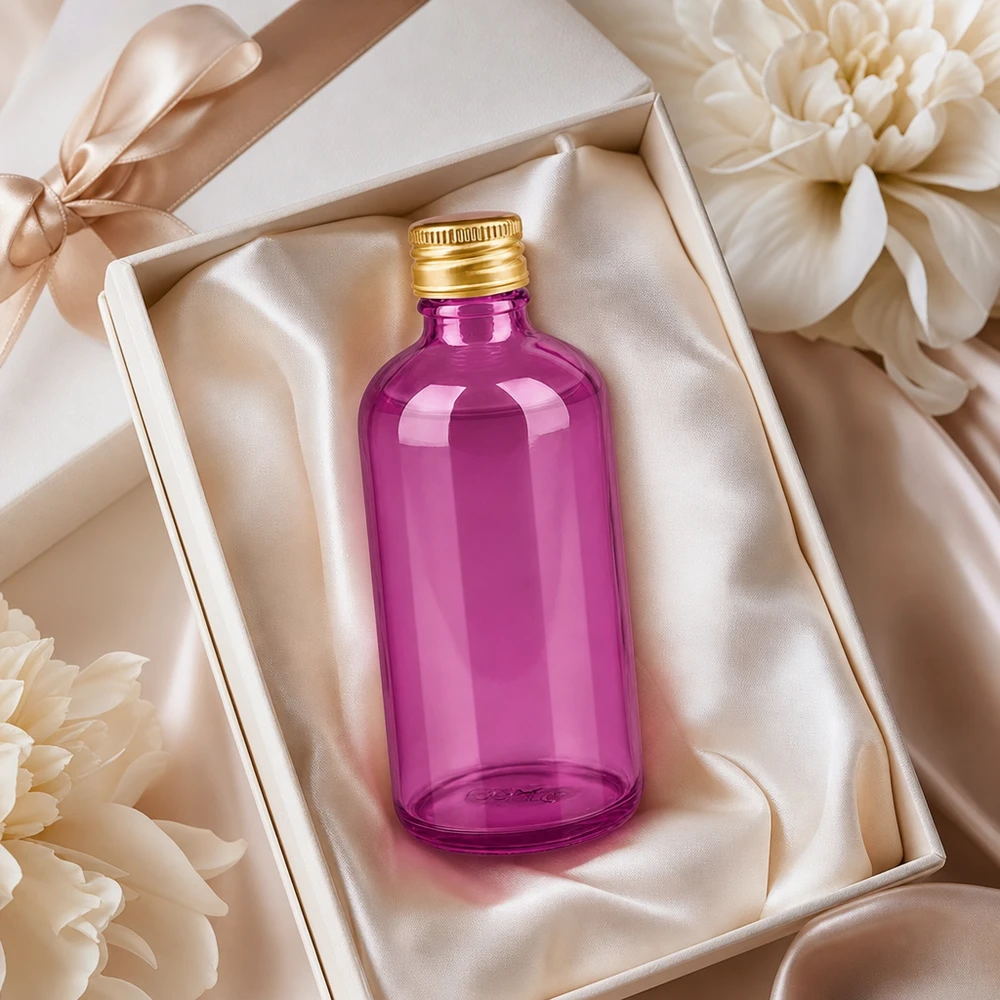 Flacon compact de 100 ml en verre teinté avec bouchon en aluminium anti-fuite Or