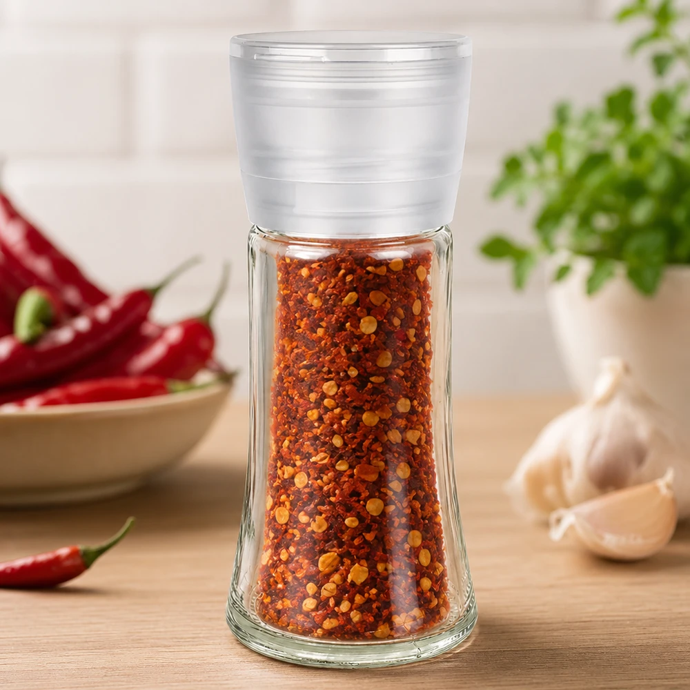 Pot à sel/épices 95 ml avec moulin Vario blanc Moulin à épices en verre de 95 ml avec un couvercle en plastique blanc, rempli de poudre de piment, posé sur un socle en bois