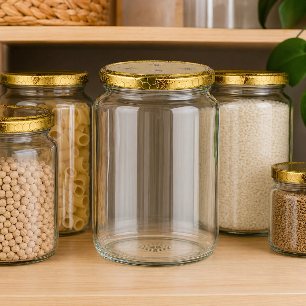 Pot de miel de 1000g vide avec couvercle en nid d'abeille sur une étagère de stockage entre des bocaux remplis de légumineuses et de riz.