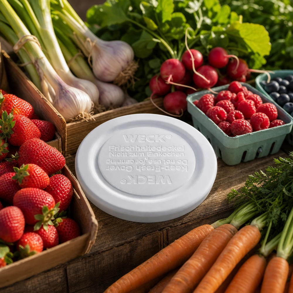 WECK Couvercle fraîcheur RR40 entre les légumes frais et les baies - idéal pour la conservation des fraises aux carottes