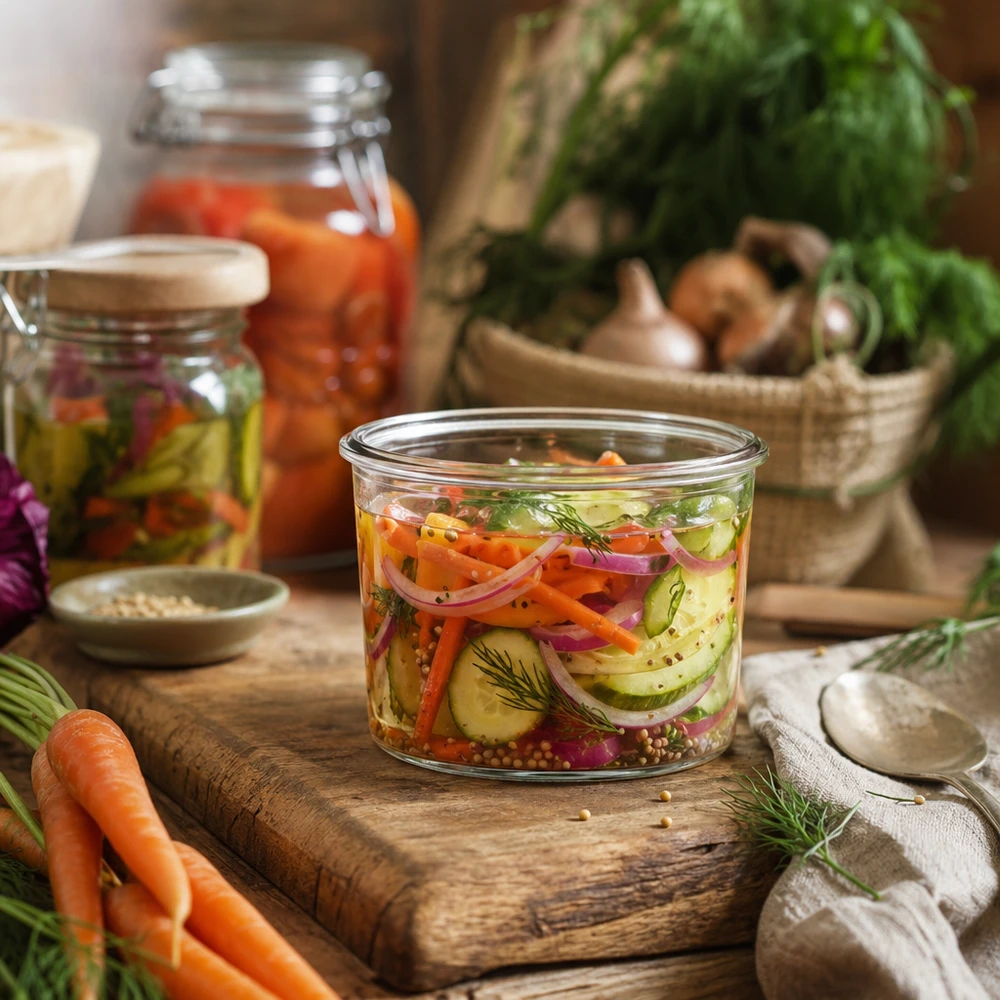 WECK Pot renversé 35ml avec légumes marinés sur planche en bois, bocal pour la fermentation et la conservation
