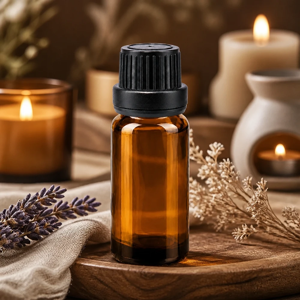 Flacon à pharmacie brun 10ml bouchon goutte à goutte 2mm noir bouchon d'inviolabilité Flacon de pharmacie marron de 10 ml en verre anti-UV, muni d'un compte-gouttes de 2 mm, posé sur un socle en bois