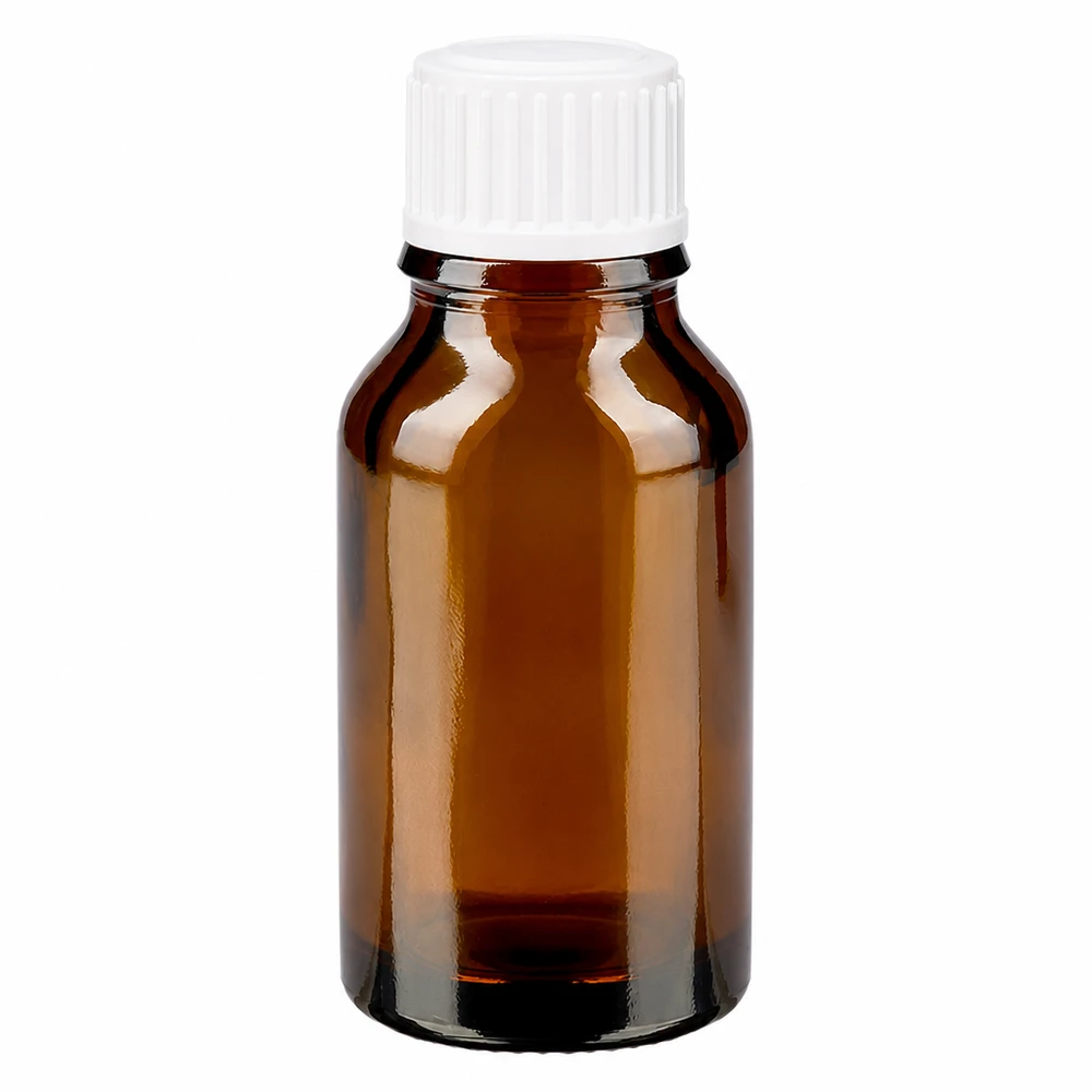Flacon en verre brun de 30 ml muni d'un bouchon de sécurité blanc pour enfants, destiné aux pharmacies