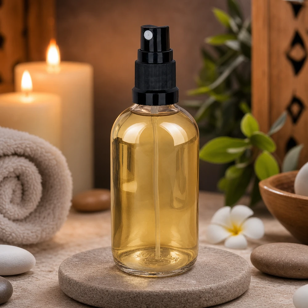 Flacon vaporisateur ambré de 100 ml UT18/100 posé sur une pierre naturelle dans une ambiance spa relaxante
