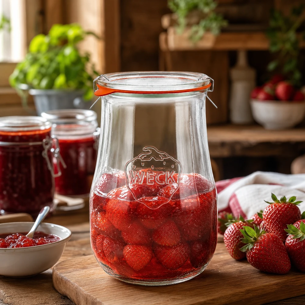 WECK Pot tulipe 1750ml rempli de fraises et de confiture dans une cuisine rustique montre une utilisation polyvalente