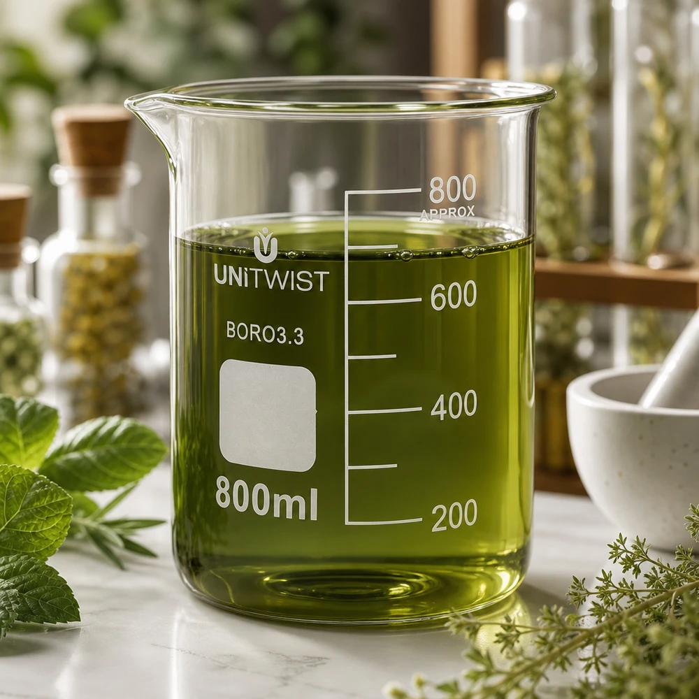 Bécher en borosilicate de forme basse, 800 ml, UNiTWIST, contenant une solution à base de plantes vertes, dans un décor de pharmacie