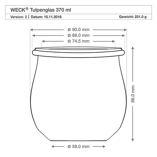 370ml bocal tulipe WECK RR80 avec bouchon nature WECK Pot tulipe 370ml RR80 dessin technique avec dimensions diamètre hauteur poids spécifications