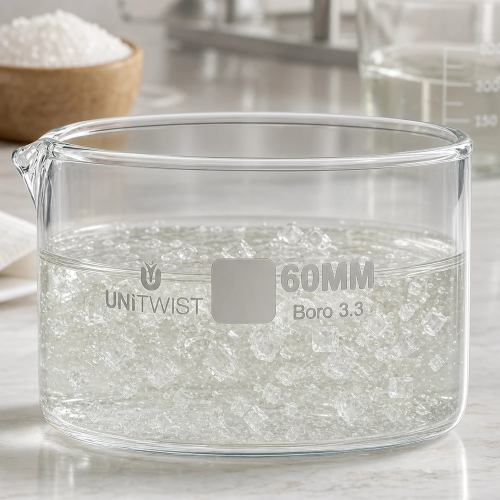 Petit bol cylindrique en verre de 60 mm rempli de perles de gel transparentes et de liquide