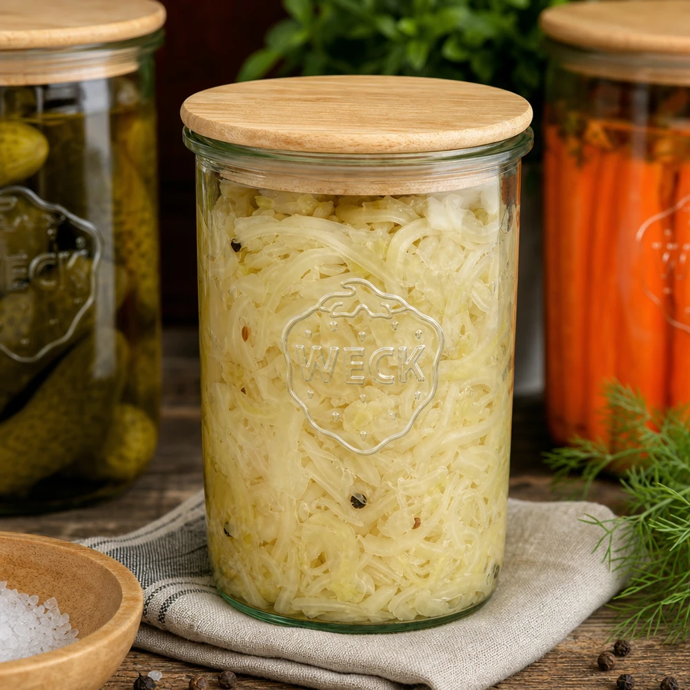 1000ml bocal conique WECK RR100 avec couvercle en bois WECK Pot de conservation 1000ml rempli de choucroute et couvercle en bois à côté de cornichons et carottes marinés Fermentation