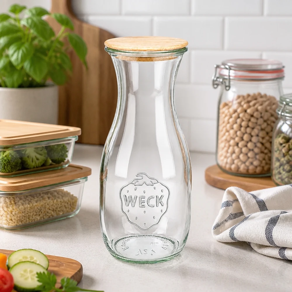 WECK Bouteille de jus 530ml RR60 avec couvercle en bois dans la cuisine moderne à côté des légumes et des légumineuses comme solution de stockage