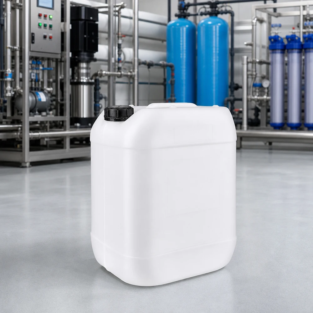 Bidon industriel empilable de 20 litres, blanc, avec bouchon OV, destiné au traitement de l'eau