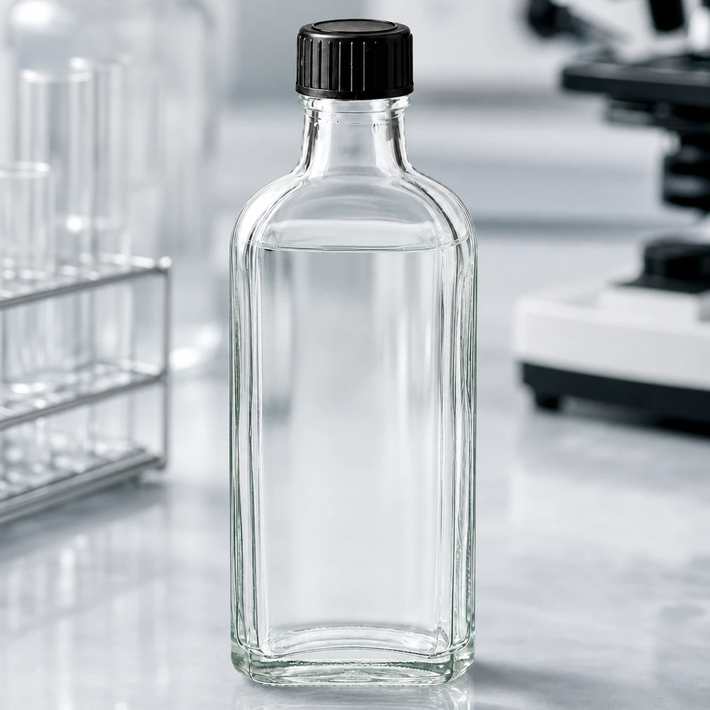 Flasque transparente de 100 ml au goulot DIN 22, avec bouchon à vis DIN 22 noir et joint LKD Flacon Meplat transparent de 100 ml avec bouchon à vis nervuré, entre des tubes à essai