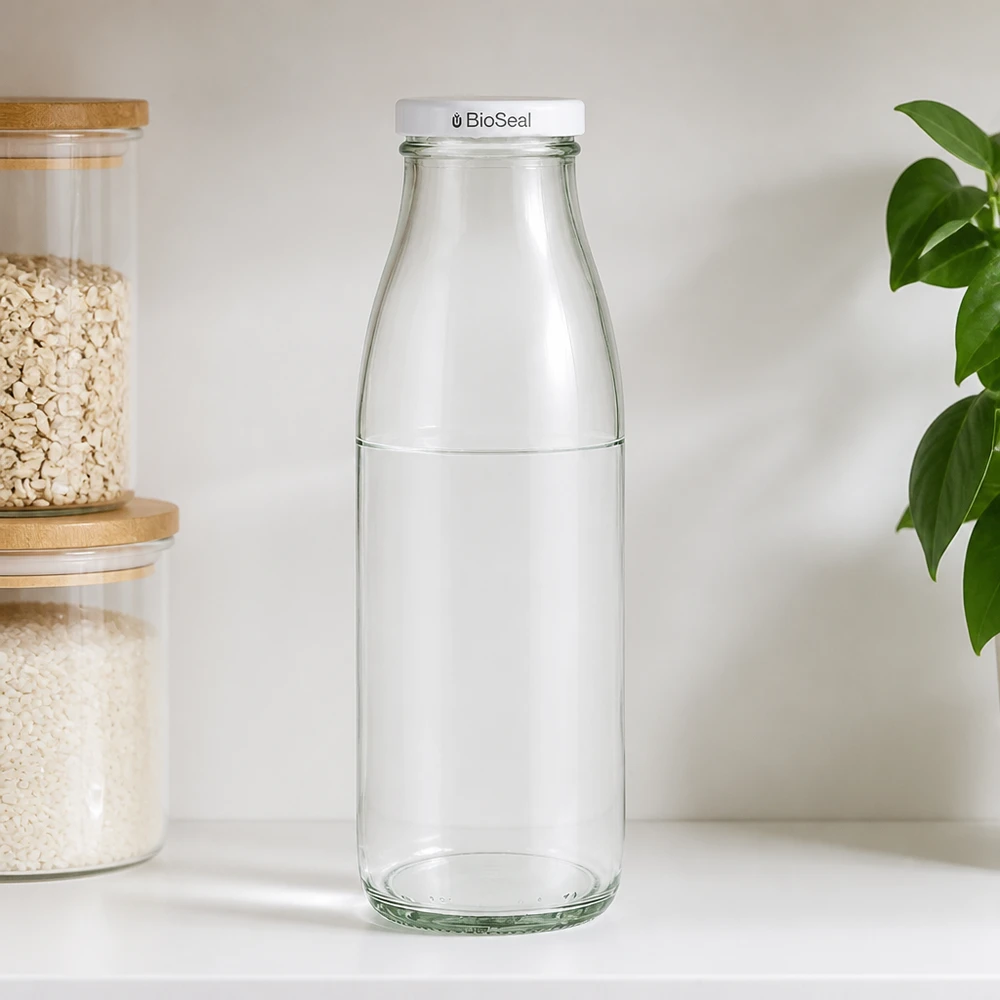 500ml Bouteille avec couvercle BioSeal blanc UNiTWIST Bouteille en verre de 500 ml avec bouchon BioSeal dans l'environnement de la cuisine, à côté des bocaux de stockage de céréales et de plantes vertes