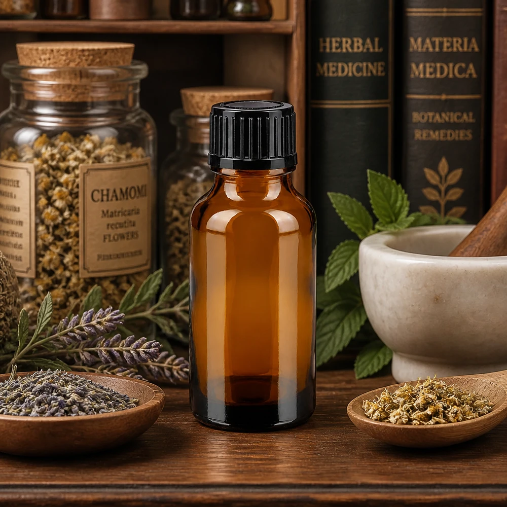 Petit flacon en verre ambré STD de 20 ml avec un bec verseur de 1 mm, à côté des fleurs de camomille et de la Materia Medica