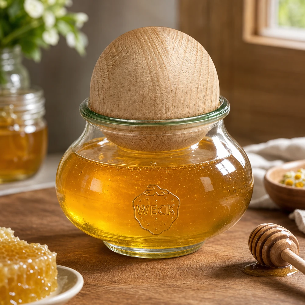 WECK Pot de miel 560ml RR80 Boule de hêtre Couvercle en bois rempli de miel Cuillère à miel Nid d'abeille Accessoires de cuisine