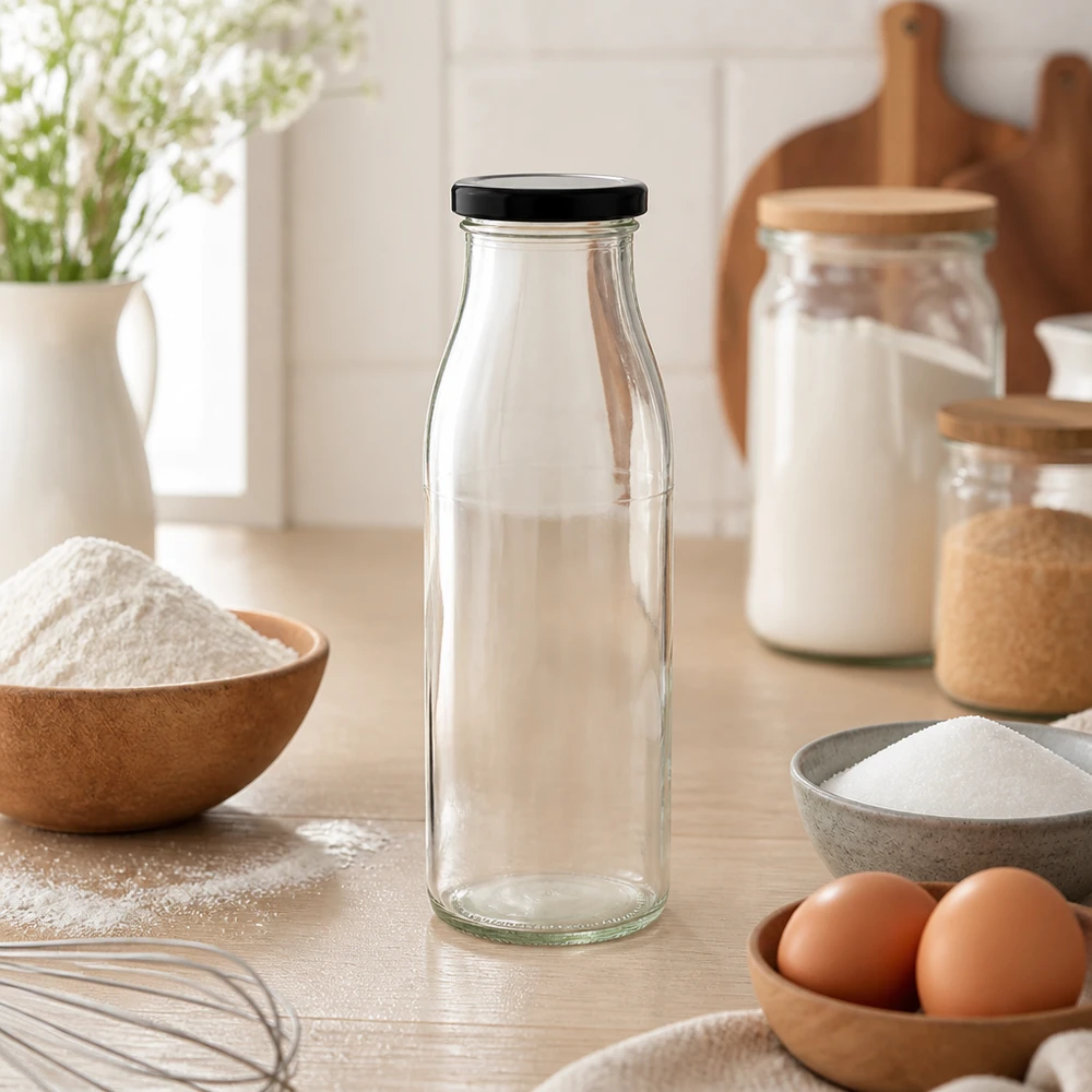 Bouteille en verre de 500 ml avec couvercle noir dans un environnement de cuisine naturel avec des ingrédients de boulangerie et des bols en bois