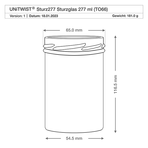277ml Verre conique sans couvercle (TO66) UNiTWIST UNiTWIST Sturz277 Verre renversé 277ml TO66 avec dessin technique Dimensions 65mm Diamètre 116,5mm Hauteur Poids 181g
