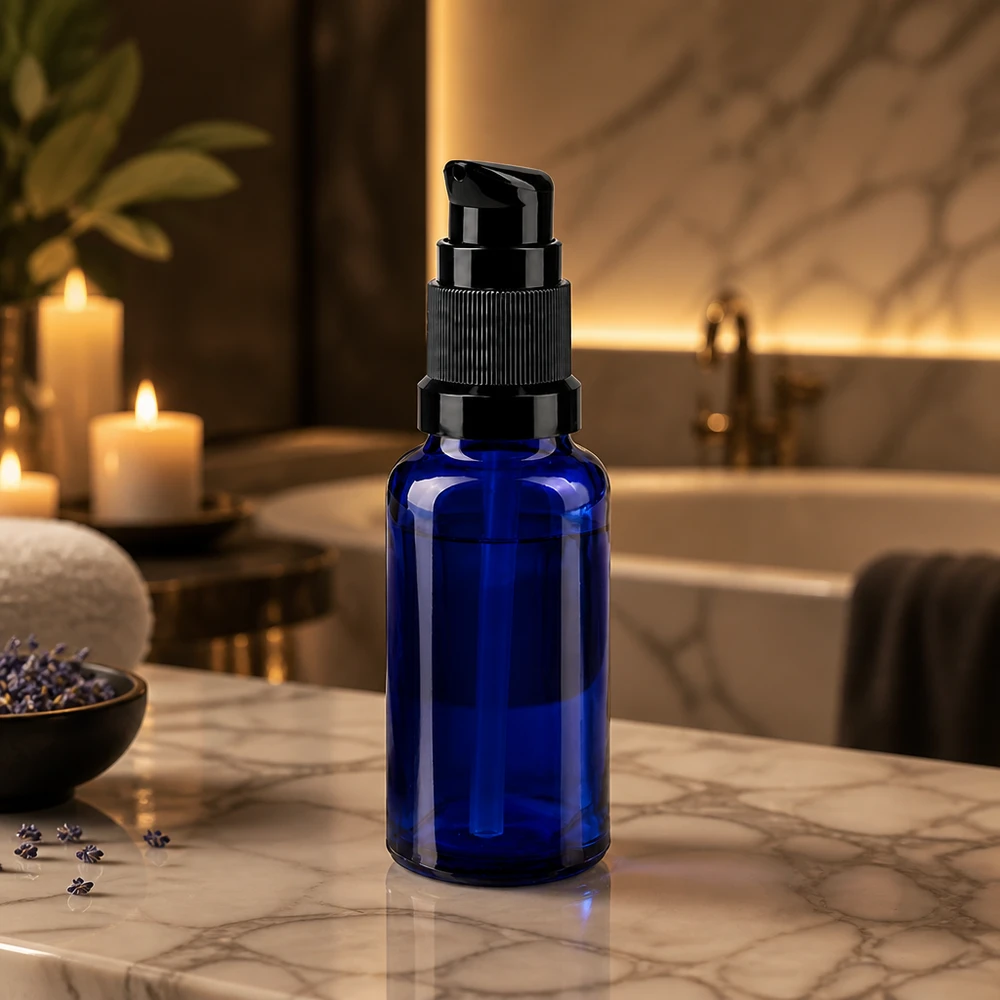 Flacon en verre bleu de 20 ml muni d'une pompe doseuse, dans une élégante ambiance de salle de bains agrémentée de bougies