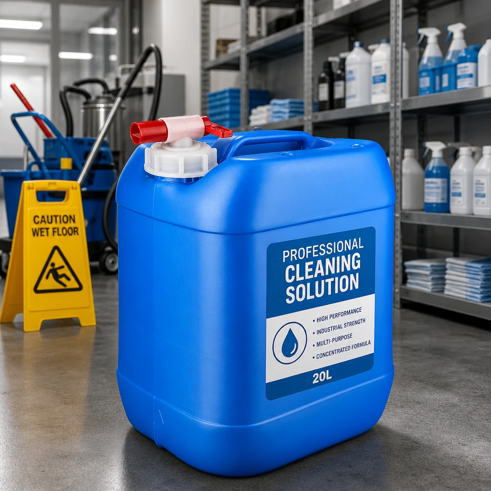Produit de nettoyage en grand conditionnement : bidon bleu de 20 litres muni d'un robinet, à côté d'un panneau « Sol mouillé » et d'ustensiles de nettoyage