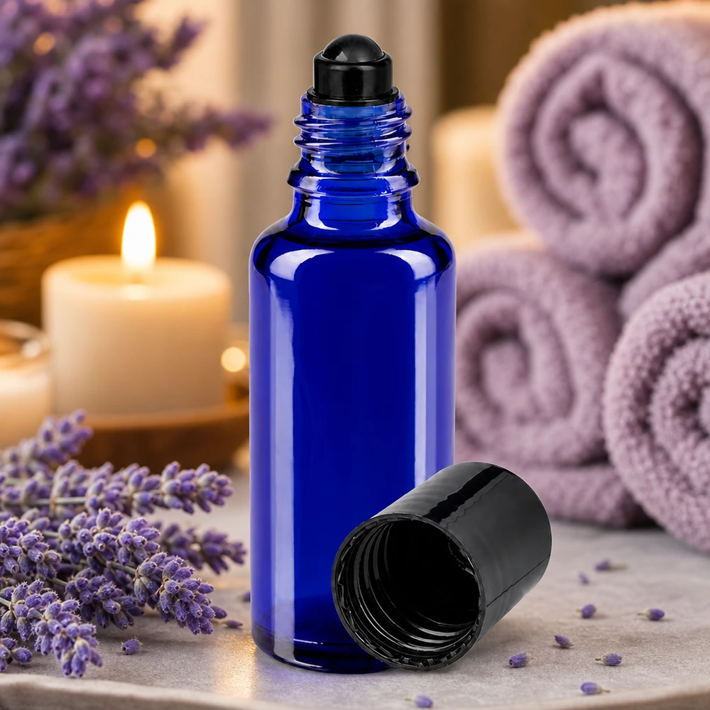 Flacon de déodorant en verre bleu 30 ml, déo à bille vide Flacon roll-on STD bleu de 30 ml avec bouchon noir, dans une ambiance spa relaxante