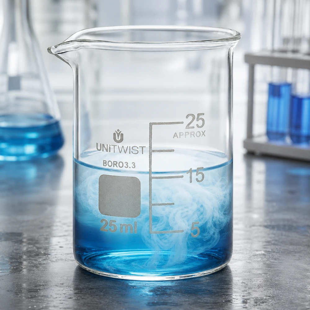 Bécher 25ml borosilicate, forme basse UNiTWIST Bécher de laboratoire transparent de 25 ml, modèle court, contenant un liquide réactif bleu sur une surface métallique