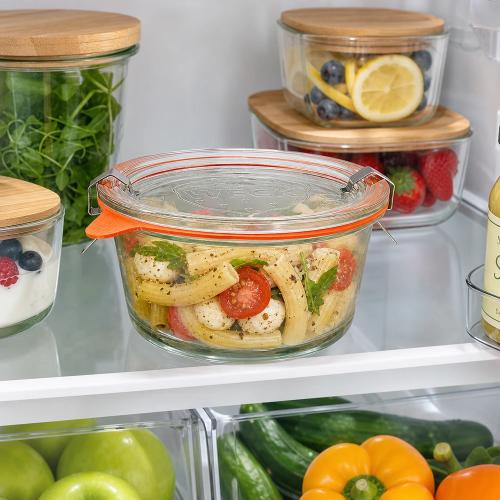 WECK Gourmetglas 450ml RR120 rempli de salade de pâtes dans le réfrigérateur montre une conservation parfaite des aliments
