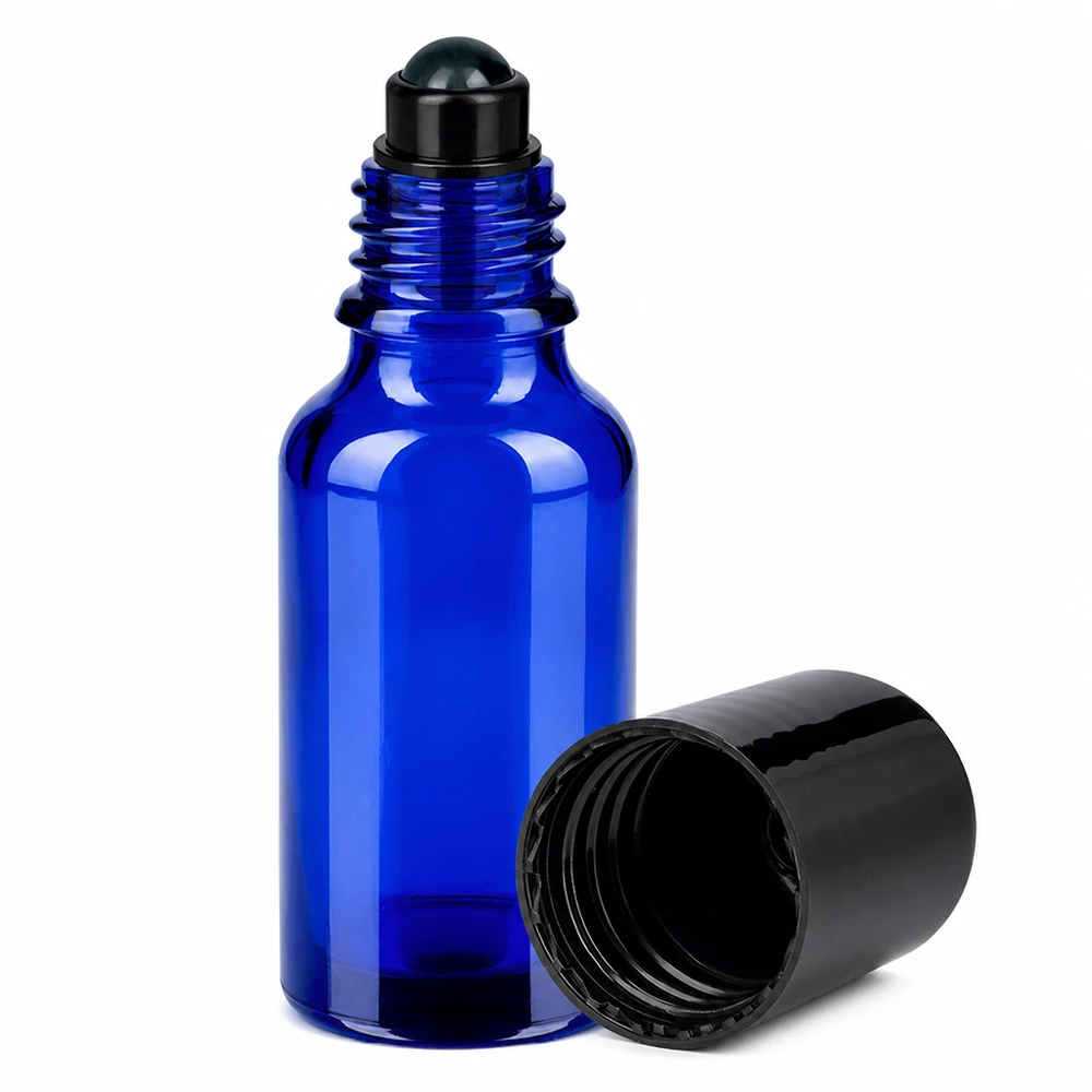 Flacon Roll-On 20ml noir STD BlueLine UT18/20 Petit flacon roll-on 20ml en verre bleu avec bouchon à vis noir