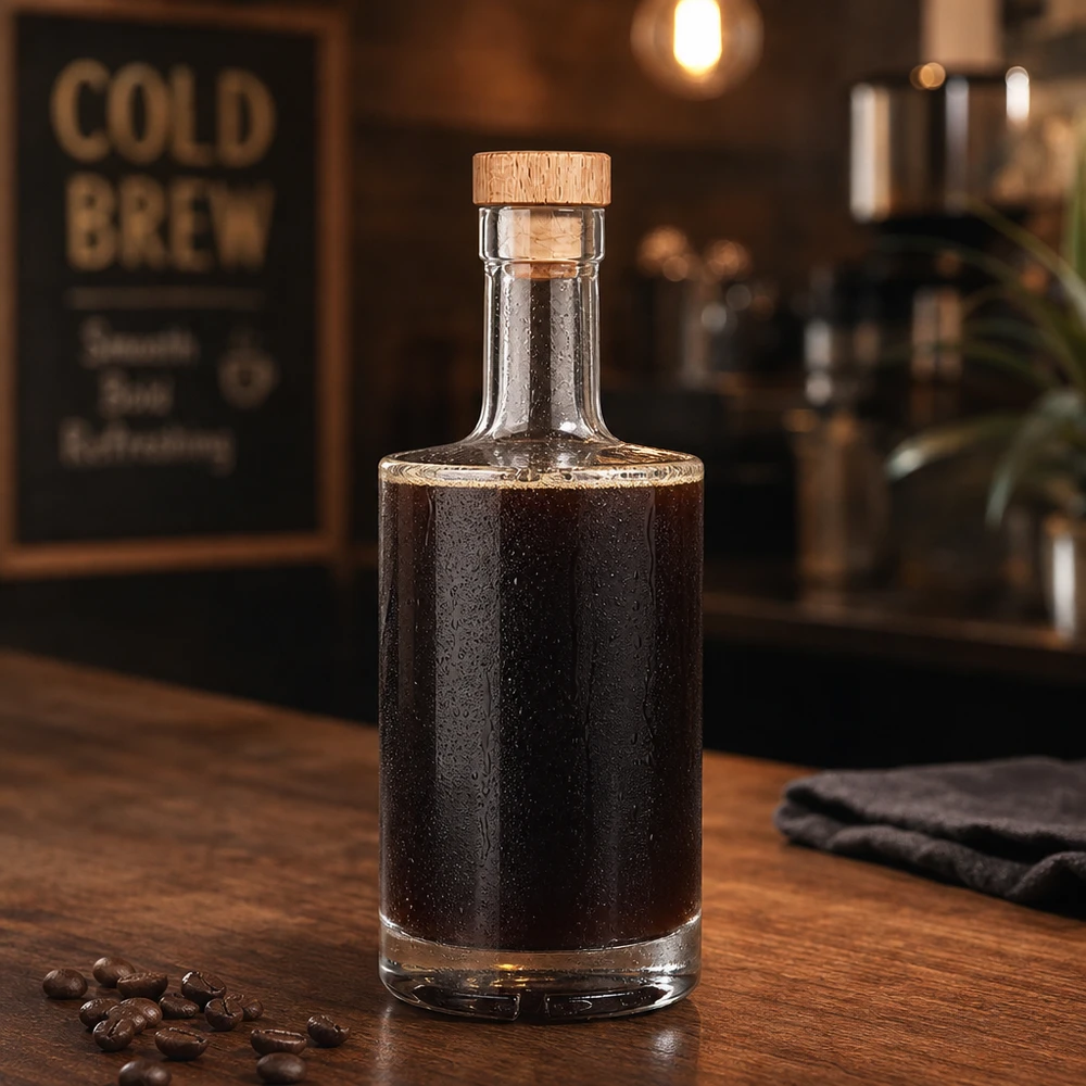 Bouteille en verre 500 ml « Nora » avec bouchon en bois UNiTWIST® Bouteille en verre Nora de 500 ml remplie de café Cold Brew Bouchon en bois UNiTWIST Grains de café Ambiance barista rustique