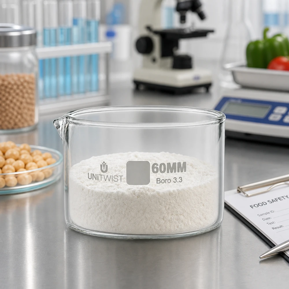 Coupelle en verre UNiTWIST Boro 3.3 remplie d'un échantillon de farine, posée sur une table en acier inoxydable dans un laboratoire d'analyse