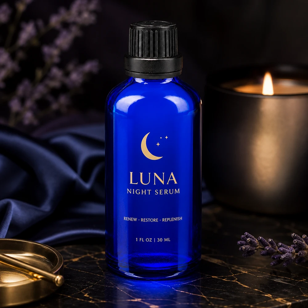 Flacon de pharmacie bleu 50ml bouchon vissable noir bouchon inviolabilité Flacon de pharmacie bleu cobalt de 50 ml, SV OV 11 mm, à côté d'une bougie allumée et d'un tissu en soie