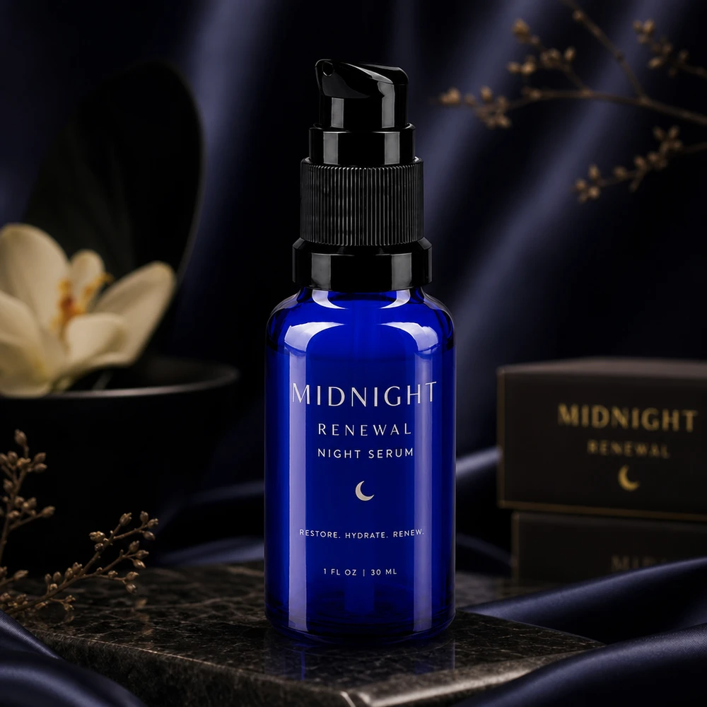 Flacon de pharmacie cylindrique bleu de 20 ml, muni d'un bouchon-pompe noir strié à vis