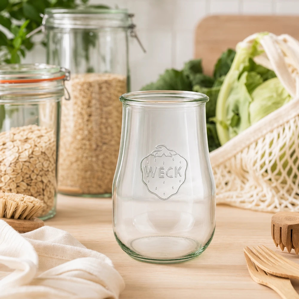 WECK Pot tulipe 1750ml RR100 dans une cuisine durable zéro déchet avec des ustensiles en bambou et des légumes bio sans plastique