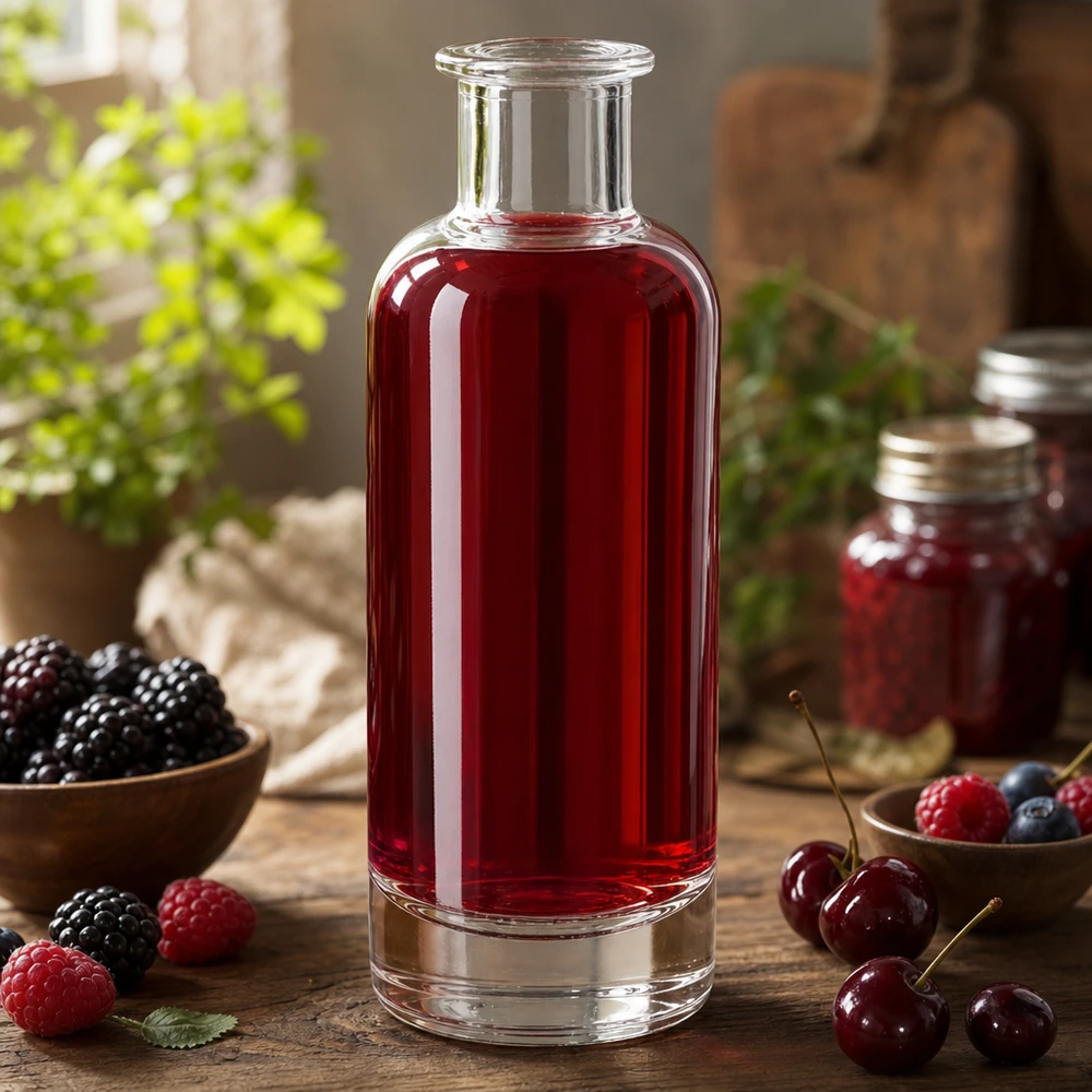 Bouteille en verre 200 ml « Ella » sans bouchon UNiTWIST® Bouteille en verre de 200ml Ella remplie de jus de baies rouges entourée de baies fraîches montre une application naturelle