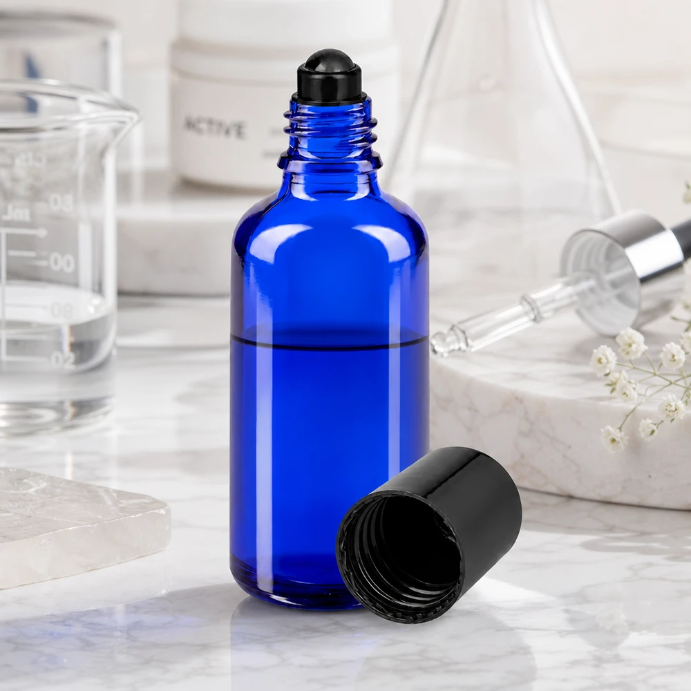 Flacon en verre opacifiante de 50 ml, bleu, avec applicateur à bille, pour parfums et cosmétiques