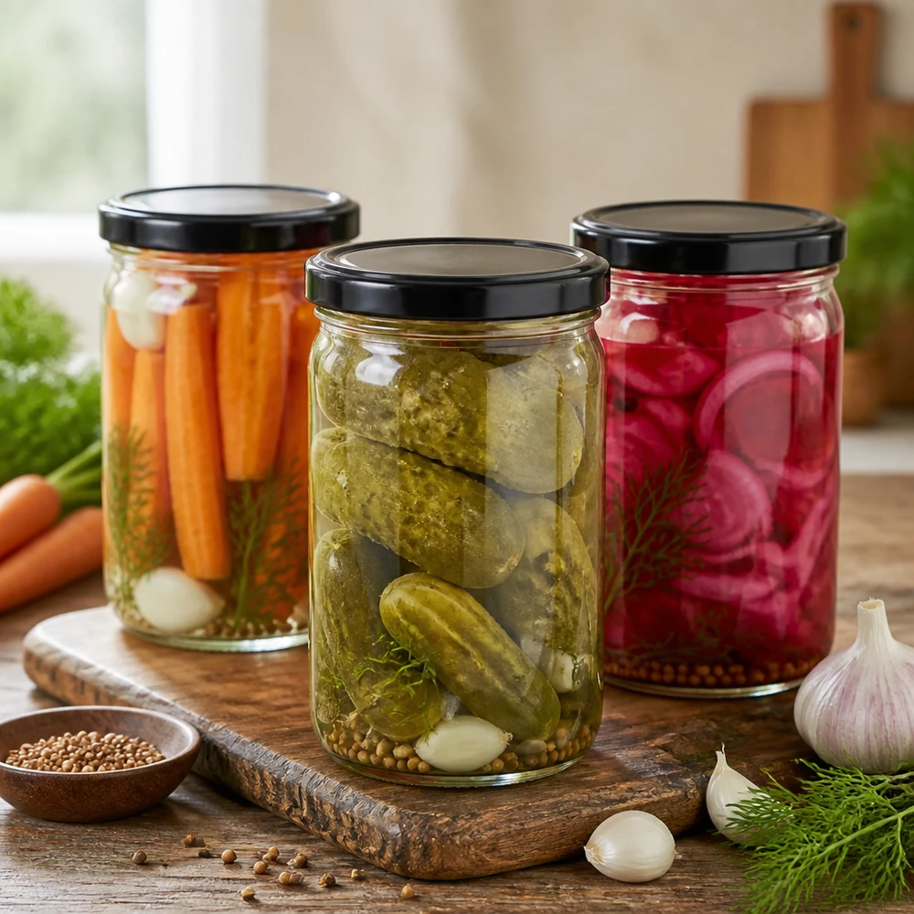 1053ml Verre conique avec couvercle BasicSeal noir UNiTWIST Trois bocaux de 1053 ml avec couvercles noirs remplis de légumes marinés : concombres, carottes et radis.