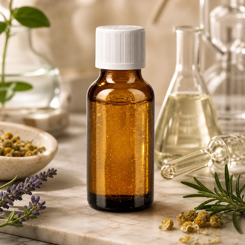 Flacon en verre brun de 20 ml avec bouchon à vis blanc et sécurité enfant, sur fond de marbre orné de plantes médicinales