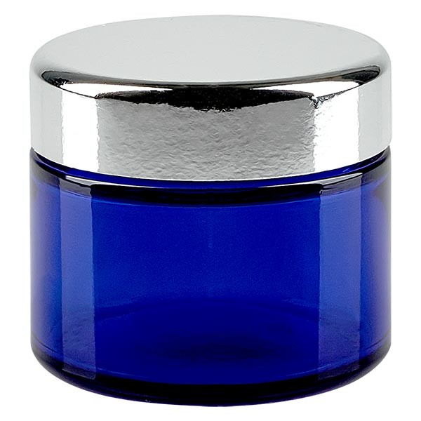 Pot en verre 50ml bleu royal, avec couvercle argenté