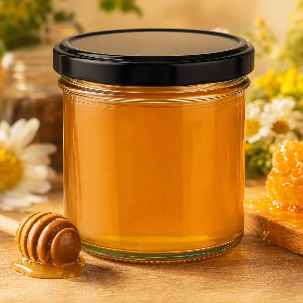 Pot de 125 ml avec couvercle noir rempli de miel doré Cuillère à miel Nid d'abeille Décoration naturelle