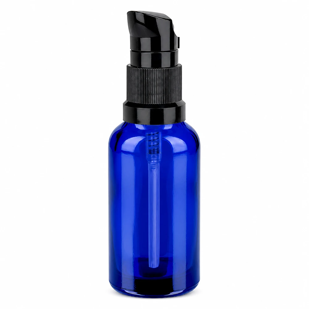 30ml flacon pompe noir STD BlueLine UT18/30 Flacon pompe de haute qualité de 30ml en verre bleu avec bouchon doseur noir pour les soins de la peau