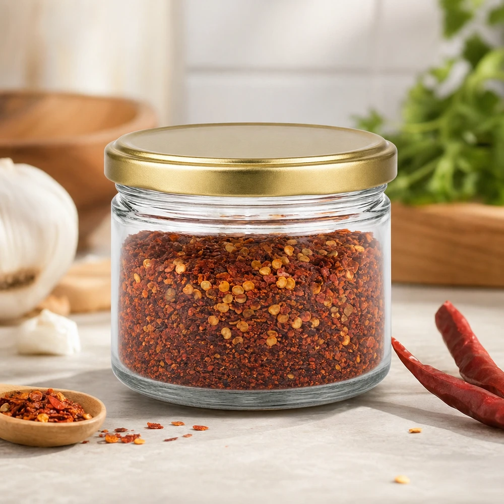 Pot de miel BasicSeal de 700g avec couvercle doré rempli d'un mélange d'épices au chili à côté de piments séchés